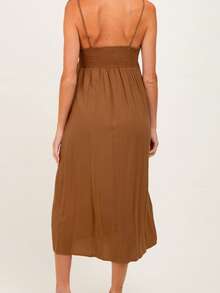 Maternity Solid Color Casual Bohemian Woven Fabric Pocket Twist Front Sleeveless Formal Evening Party Beach Daily Dress, Spring/Summer - Mocha Brown - View 7