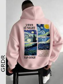 GRDR 男士休闲宽松印花连帽卫衣，秋冬款 - 粉色 - 查看 1