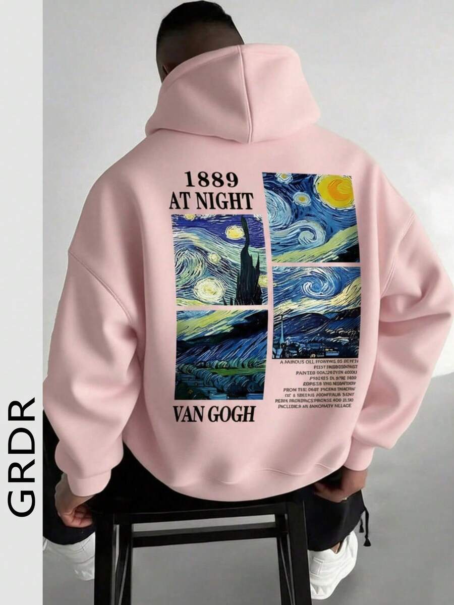 GRDR 男士休闲宽松印花连帽卫衣，秋冬款 - 粉色 - 查看 1