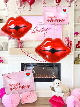 Set de 4 globos para el Día de San Valentín, incluye globo de foil en forma de carta de amor rosa, globo de labios rojos brillantes, adecuado para decoración romántica del Día de San Valentín, boda, compromiso, aniversario, suministros para fiesta del Día de San Valentín, decoración de fiesta XOXO