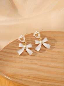 1 对珍珠蝴蝶结耳环女孩耳钉圣诞节、感恩节、新年礼物 - 彩色 - 查看 6