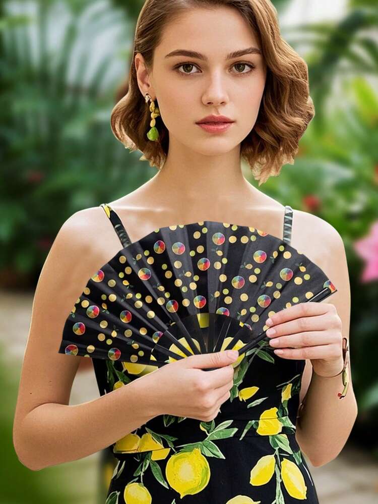 1 件 22 厘米西班牙水果舞扇 | 功夫手扇设计，木质扇框 | 万圣节、角色扮演、服装派对及礼品配饰 - 鳳梨黑 - 查看 4