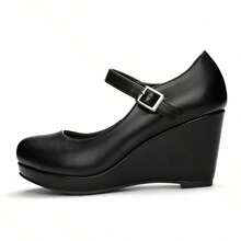 Women's Platform Wedge Pumps With Ankle Strap – Comfortable Closed Toe Dress Shoes For Work, School Uniforms, Festivals, & Special Occasions - 靜夜黑色 - 查看 2