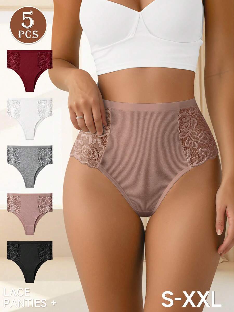 5pcs Women High Waist Lace Print Breathable Mesh Soft Elastic Briefs, Comfortable Skin-Friendly, Ideal Gift Choice