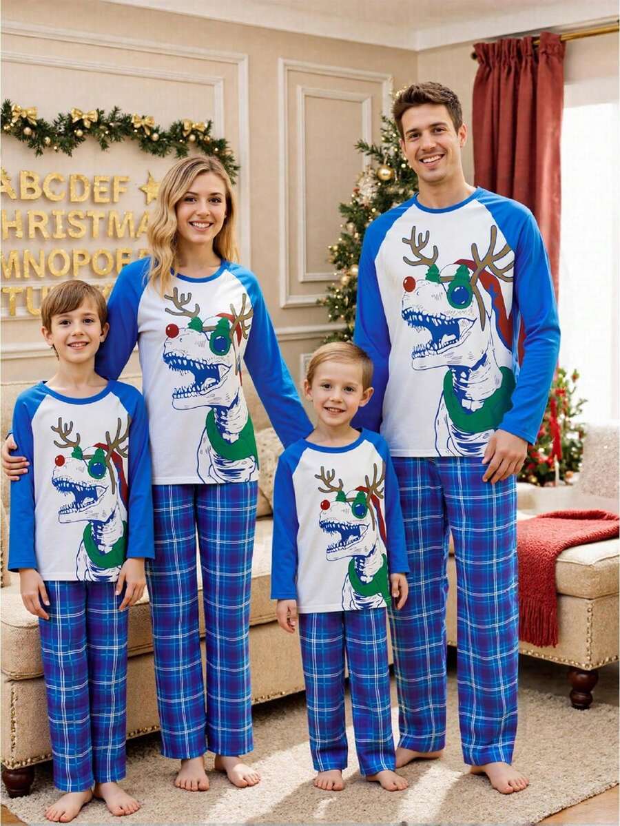 Family Matching Christmas Pajamas Set Dinosaur Antlers Print Tops And Plaid Pants Holiday Pajamas - Màu xanh lam - Xem 1