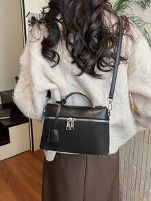 1个女士时尚方形手提包，优雅单肩/斜挎包，黑色 - 黑色 - 查看 5