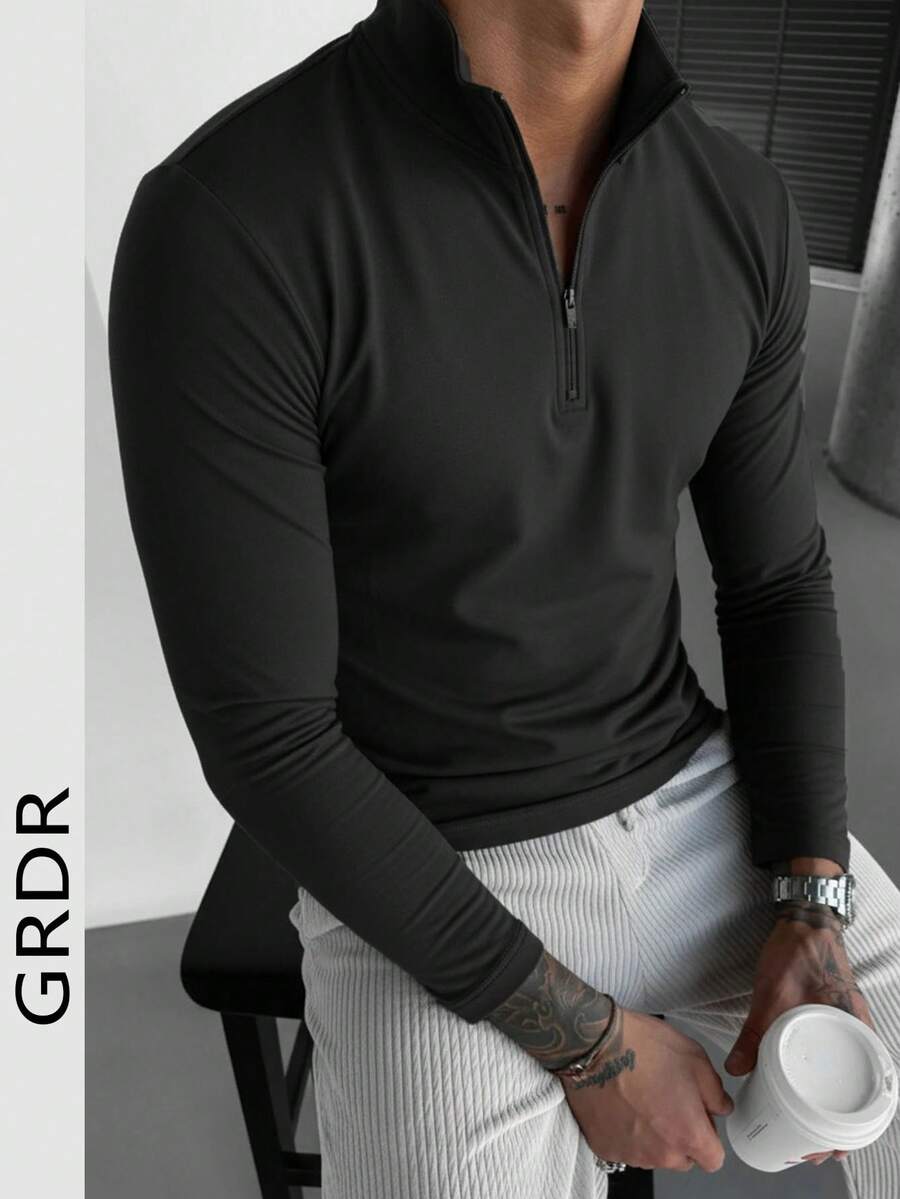 GRDR Men's Casual Stand Collar T-Shirt Polo Shirt, Fashion Undershirt, Autumn/Winter - Black - View 1