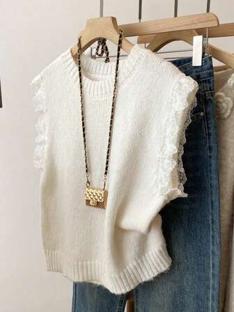 女士纯色百搭无袖背心，法式蕾丝拼接针织毛衣背心，女士冬季毛衣上衣，白色新年穿搭