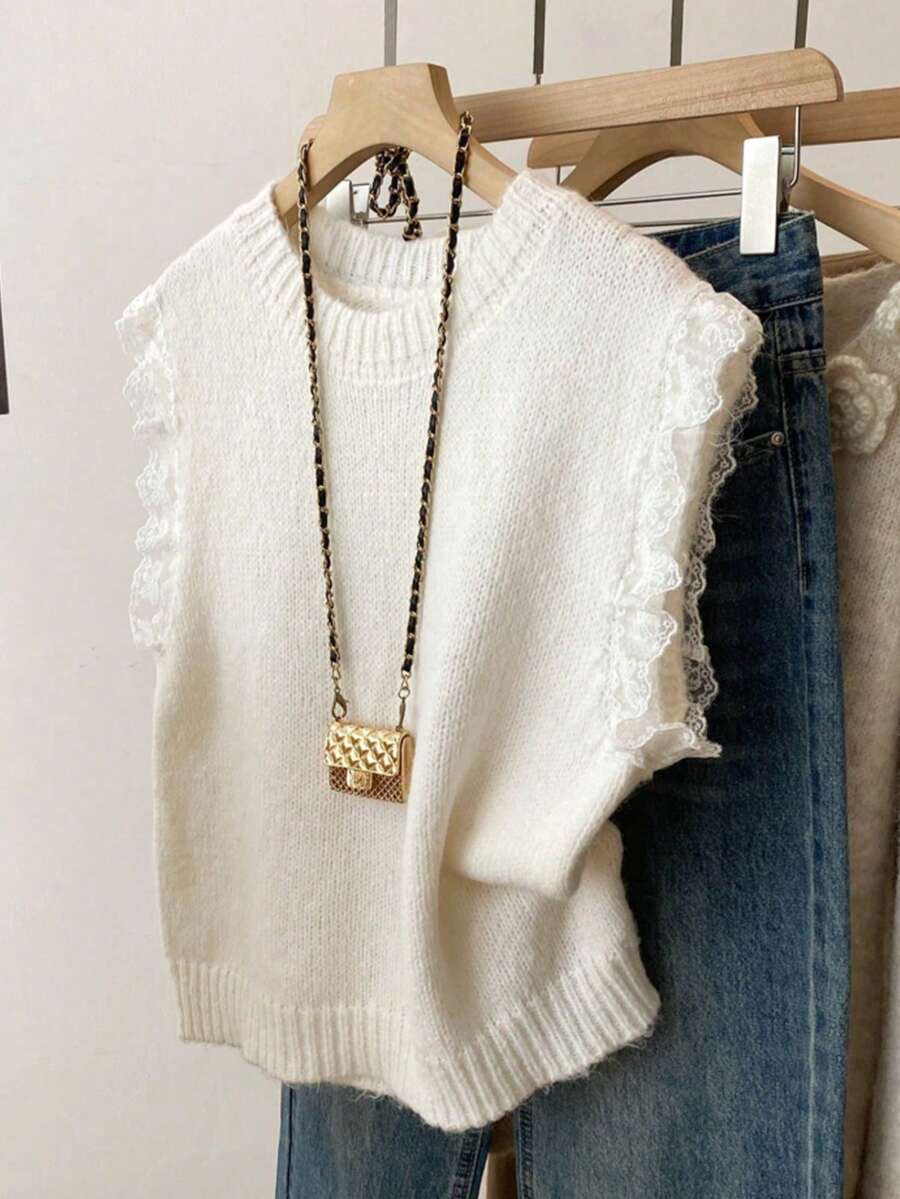 Áo vest len dệt kim phối ren đa năng không tay dành cho nữ, thích hợp cho mùa xuân.