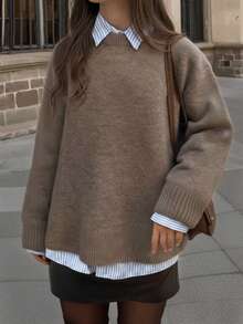 Áo len dệt kim tay dài cổ tròn màu nâu mới của SEREN dành cho nữ mùa thu đông, áo len kiểu dáng rộng rãi, thoải mái, thích hợp mặc hàng ngày - màu nâu - Xem 1