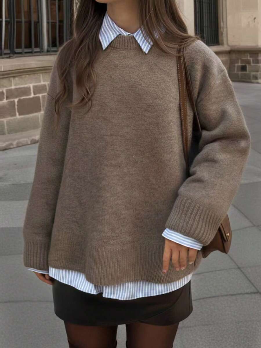 Áo len dệt kim tay dài cổ tròn màu nâu mới của SEREN dành cho nữ mùa thu đông, áo len kiểu dáng rộng rãi, thoải mái, thích hợp mặc hàng ngày - màu nâu - Xem 1