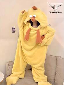 Coral Fleece Yellow Chick One-Piece Pajamas, Cute Loungewear, Soft And Comfortable, Super Warm For Spring, Fall And Winter. - Yellow - View 2