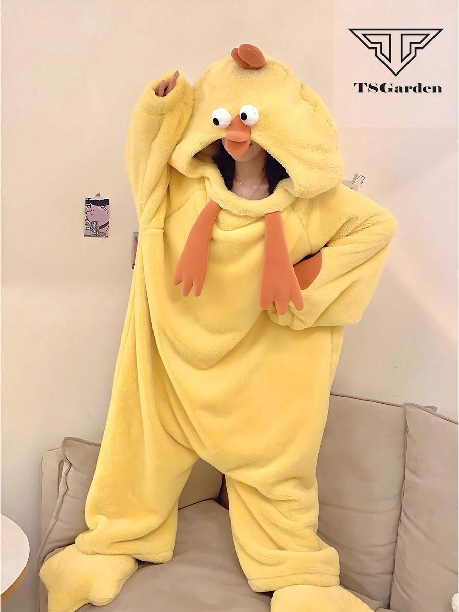 Coral Fleece Yellow Chick One-Piece Pajamas, Cute Loungewear, Soft And Comfortable, Super Warm For Spring, Fall And Winter.