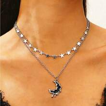 1 Piece - Moon And Star Pendant Necklace. Cute And Cool Girl Style. Small And Unique Collar Chain With A Sense Of Double Hollowed-Out Silver Layered Embellishments. They Are Also Very Suitable As Valentine's Day Gifts And Can Be Worn Alone As An Accessory. - Multicolor - View 11