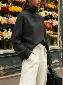 Women's Casual Loose Knit Pullover Sweater, Gray, Elegant Urban Fashion For Autumn/Winter, Comfortable Relaxed Fit Knit Top, High Neck Long Sleeve Sweater, 2025 Autumn/Winter New Arrival - Grey - View 5