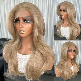 蜜金色 13x4 女士合成蕾丝前假发 18 英寸中长波浪窗帘刘海 无胶 Kanekalon 防发合成假发 中分 150% 密度 可直接佩戴合成假发 适合日常派对节日假日使用 适合初学者的假发 透明蕾丝假发