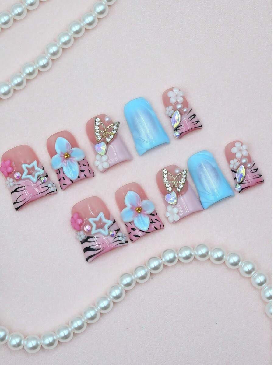 Handmade Y2K Short Duck Press On Nails, Pink, Blue Base, Floral, Rhinestone Accents, Cute Outings Summer Easter - 寶藍色 - 查看 1