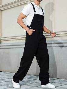 212 New Vintage-Style Men's Plus Size Denim Overalls Relaxed Wide-Leg Silhouette For Effortless Comfort Classic Pure Black Wash For Timeless Versatility Multi-Pocket Utility Design With Structured Tailoring Metal Button Accents Stretch Fabric For Machine Washability All-Season Wear Essential Men's Plus Size Overalls For Everyday Casual Styling - 黑色 - 查看 5