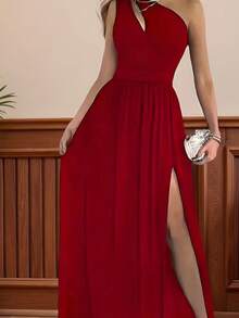 Solid One Shoulder Split Aline Dress, Elegant Ruffle Hem Sleeveless Asymmetrical Dress For Club & Party, Women's Clothing - Red - View 5