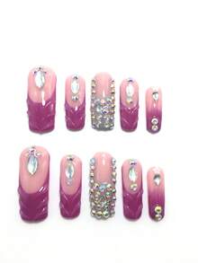 Each Set Includes 10 Pieces Of Y2K Square-Style Handcrafted Acrylic Nail Tips, Featuring French Design With Rhinestone, Crystal, And Starfish Decorations. Available In Multiple Color Tones And Nude Shades. Three Sizes Are Provided To Fit Various Needs, Suitable For Parties, Galas, And Daily Wear. Includes A Nail Tool Kit, Making It The Perfect Press-On Nails (Worn Nails) Gift For Women And Girls. - Multicolor - View 2