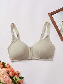 Full Bust Wirefree Bra - Front Hook & Adjustable Straps | Supportive Ribbed Design With Fixed Pads-Engineered For C-E Cups (1 Piece) - Beige - View 8