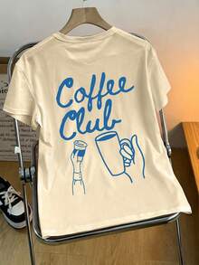 Damen "Coffee Club" Grafik-Muster T-Shirt - Lässiges Rundhals Kurzarm Top, weiße Basis mit blauem Buchstaben und Kaffeetassen Muster, maschinenwaschbar, Bekleidung | Grafik T-Shirt - Aprikosenfarben - Übersicht 3