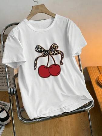 时尚樱桃水果图案印花T恤，可爱卡通短袖圆领衬衫，休闲日常上衣