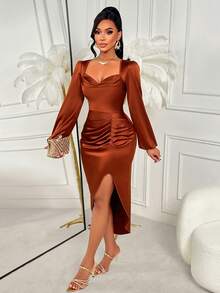 AIJ فستان ساتان أنيق وجذاب بياقة منسدلة وأكمام طويلة وطيات وذيل غير متماثل، جذاب وحالم، لطيف وجميل، مناسب لحضور حفلات الزفاف في الخريف، الحفلات الراقية، أعياد الميلاد، الحفلات الراقية، المناسبات التجارية، ملابس نسائية للخريف/الشتاء - بني - مشاهدة 4