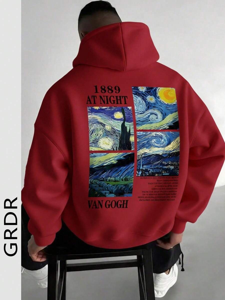 GRDR 男士宽松印花连帽卫衣,秋冬季休闲款 - 紅色 - 查看 1