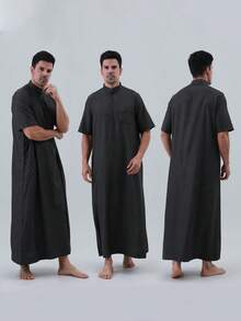 AL HARAMAIN Jubah dan Dishdasha Arab Pria, dengan Kerah Tegak Kecil. Kain Lembut dan Nyaman. Gaya Longgar dan Nyaman, Desain Lengan Pendek Sederhana, Dapat Dicuci dengan Tangan atau Mesin Cuci, Hadiah untuk Keluarga, Gaya Longgar, Cocok untuk Semua Musim, Cocok untuk Ramadan dan Acara Keagamaan Formal | Desain Leher Bulat | Tekstur Halus - Dark Grey - View 4