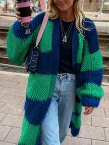 Wide Contrasting Stripes, Fluffy Long Knit Cardigan, Autumn And Winter Collection, Oversized - Teal Blue - View 3