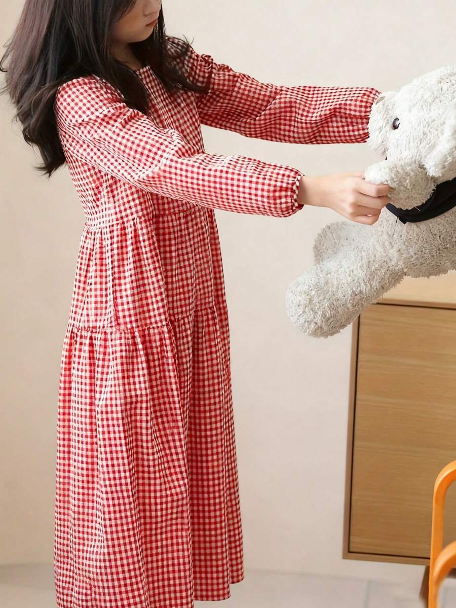 女童格子长袖休闲连衣裙，宽松版型，甜美风格，适合春秋季派对礼物 - 紅色 - 查看 1