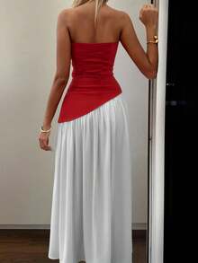 Women's Elegant Dual-Material Camisole Sleeveless High Slit Dress, Suitable For Wedding Guests, Parties And Vacations, Spring/Summer - Red - View 5