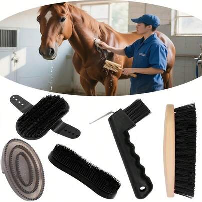 5件套马匹护理套装：塑料鬃毛刷、尾毛刷、梳子、蹄钩及其他类似工具 - 完整的马厩及马术护理套装，适用于马匹、矮马、幼驹 - 必备马匹护理工具