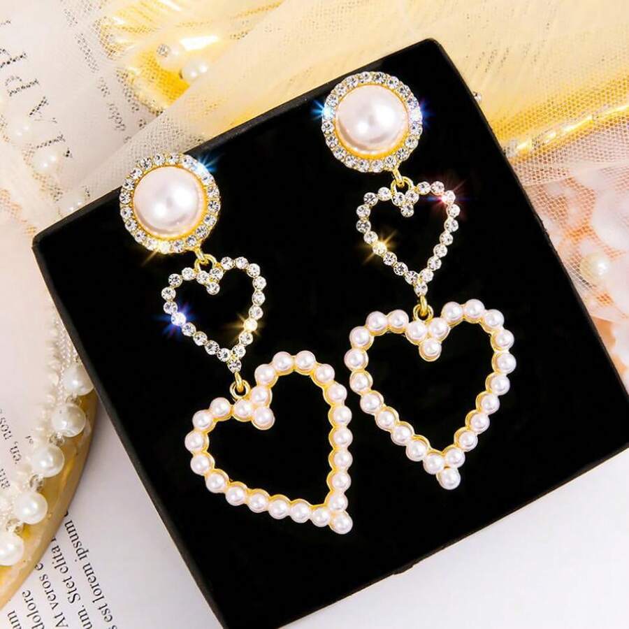 Pearl Heart Sparkling Diamond Earrings | Double Layer Heart Design Pearl Inlaid With Diamonds Luxurious Sweet Earrings Eye-Catching Accessories For Dates And Parties Romantic Gift For Girlfriend - Gold - View 1