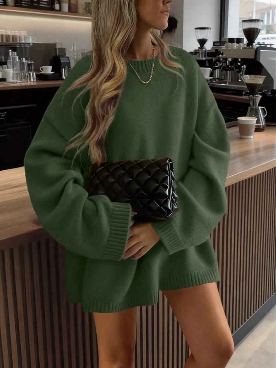 FOR BEAUTY Autumn/Winter New Solid Color Round Neck Casual Loose Long Sleeve Knit Pullover Sweater, Mid-Length, Daily Fashion Versatile, Commuting Knitwear, Soft Slouchy Style, Comfortable, Tops - Army Green - View 1