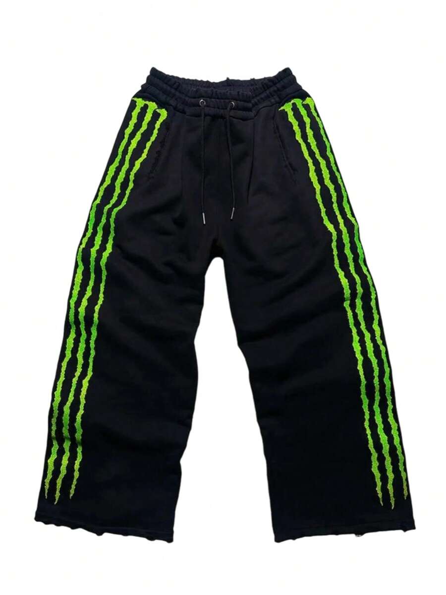 Y2K Men's Wide-Leg Sweatpants - Oversized American Side-Striped Sweatpants Lightweight Quick Dry Athletic Pants With Pockets For Workout Lounge - Black - View 1