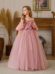 Tween Girl Pink Lace Trim Bow Elegant Christmas Party Dress, Princess Dress Suitable For Girls Birthday Party, Flower Girl Wedding, Teenager Prom, Thanksgiving, Graduation Ceremony - Pink - View 2