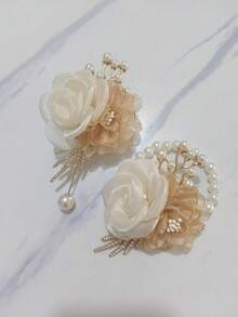 1 pieza Broche de flor de camelia color champán + 1 pieza Corsage de muñeca con cuentas de camelia beige y decoración de hojas, para novia, dama de honor, fiesta de boda, baile de graduación, accesorio diario, decoración floral romántica, accesorio de broche para el Día de San Valentín - Champán y beige - Ver 4