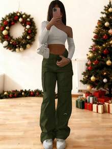 Elegant Stylish Vintage Y2K Casual Cute Cargo Pants, Green Elastic Waist Wide-Leg, Pocketed, Comfortable, Airport Outfit, Back To School, Teacher, Clubs, Birthday Parties, Halloween, Christmas, New Year, Thanksgiving, Concerts, Gym, Business, Street Wear, Spring, Summer, Autumn And Winter Styles