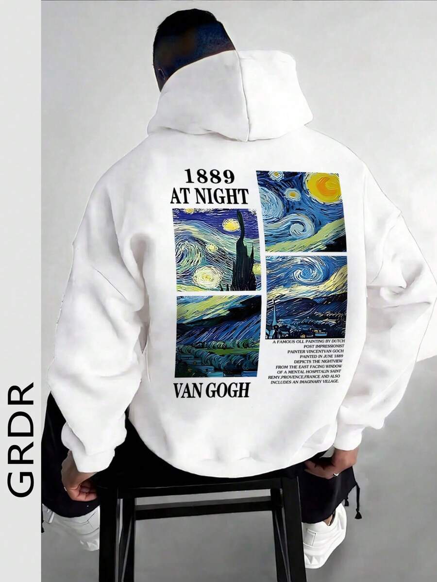 GRDR Men's Casual Loose Fit Printed Hoodie Sweatshirt, Autumn/Winter - White - View 1