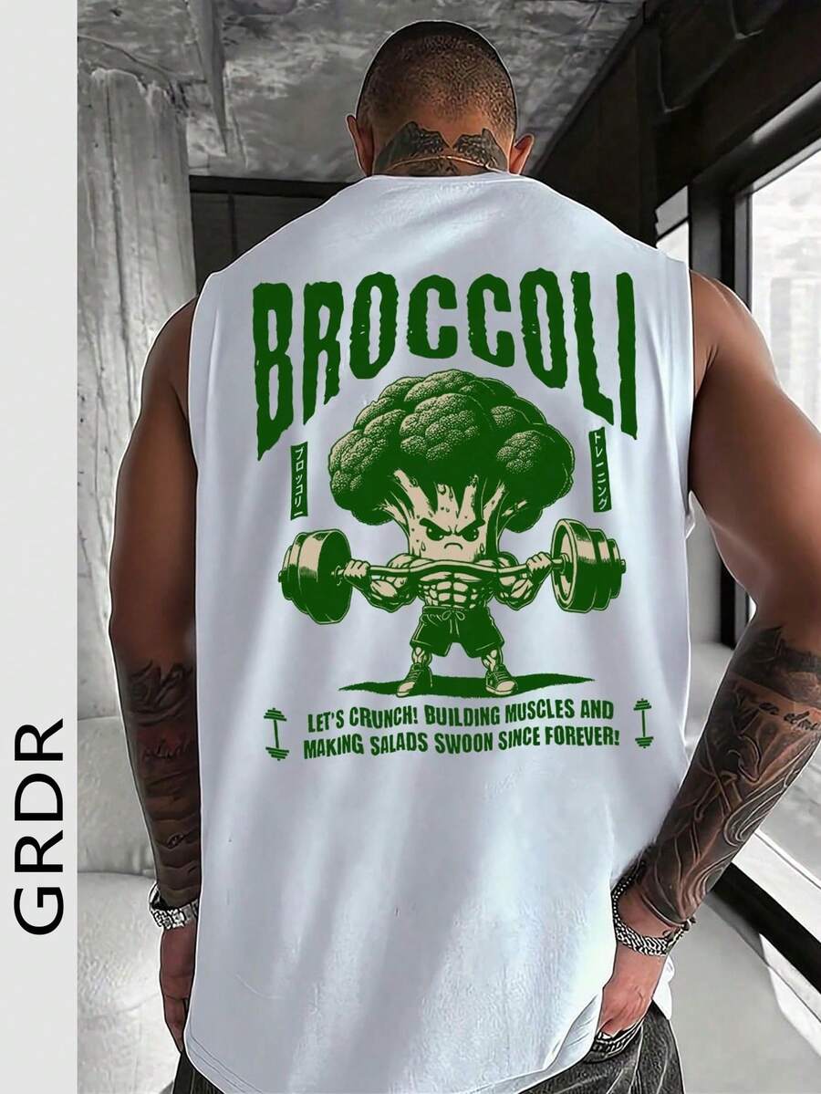 GRDR 男士夏季西兰花和哑铃印花休闲无袖背心