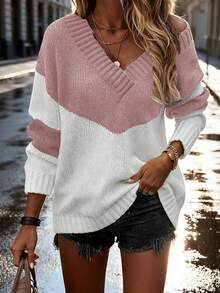 Plus Size New Hot-Selling Fashion Casual V-Neck Contrast Color Autumn And Winter Women's Plus Size Sweater Knitted Pullover - White - View 2