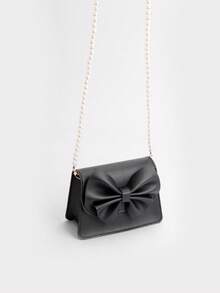 1pc Girls' Cute Mini Dual-Fabric Bow Handbag, Suitable For Daily Outfits - Black - View 4