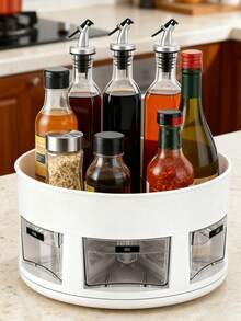 1pc Rotating Spice Rack, 2-Tier Kitchen Countertop Organizer, Bottle & Jar Storage Holder - White - View 3