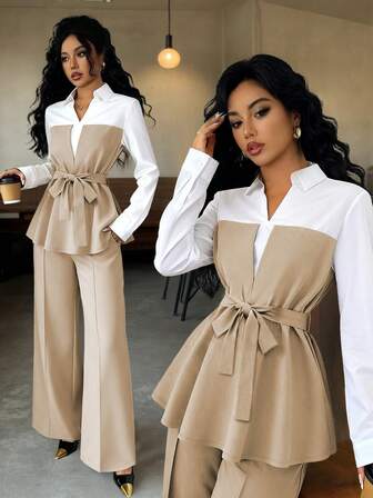 女士新款时尚拼色优雅拉链腰部办公室套装