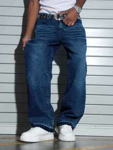 Men's Casual Straight Leg Washed Denim Jeans - Dark Wash - View 3