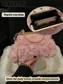 Vintage Elegant 3D Rose Evening Clutch With Chain, Satin Shell Purse For Wedding, Prom, Formal Events, Romantic Floral Embroidery Clutch Bag 2025, New Floral Chain Design Evening Bag, Fashion Clutch Handbag For Ladies, Shoulder/Crossbody Bag, Solid Color Chain Tote Bag [Floral Pattern Placement Random] 3D Rose Clutch Bag - Detachable Chain Shell Purse For Wedding & Party, Vintage Floral Embroidery Evening Bag In Pink, Black, White, Beige  Thanksgiving Accessory  Christmas Market Bag [US Local Warehouse] - Multicolor - View 7