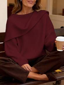 Women's New Round Neck Long Sleeve Oversized Lapel Poncho Style Loose Pullover Sweater, Fashionable Elegant Casual Vacation Outdoor Party Knit Sweater, Autumn/Winter - Red - View 2