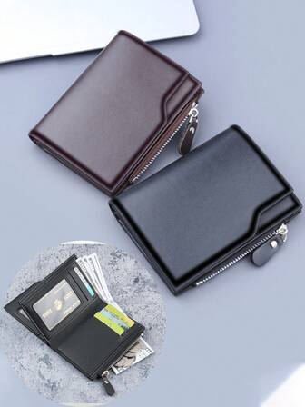 1 pieza Billetera de negocios para hombres, billetera corta antirrobo, billetera plegable en tres partes, múltiples ranuras para tarjetas, monedero con cremallera, unicolor de piel de PU como regalo